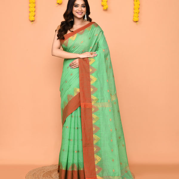 Piyari Fashion Women's Green Cotton Blend Handloom Saree With Red Temple Border - Distacart