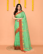 Thumbnail for Piyari Fashion Women's Green Cotton Blend Handloom Saree With Red Temple Border