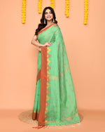 Thumbnail for Piyari Fashion Women's Green Cotton Blend Handloom Saree With Red Temple Border