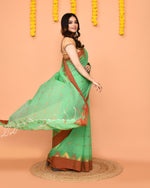 Thumbnail for Piyari Fashion Women's Green Cotton Blend Handloom Saree With Red Temple Border