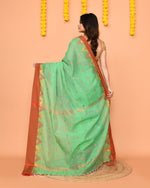 Thumbnail for Piyari Fashion Women's Green Cotton Blend Handloom Saree With Red Temple Border