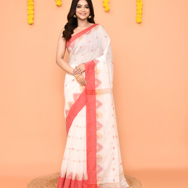 Piyari Fashion Women's White Cotton Blend Handloom Saree With Red Temple Border - Distacart
