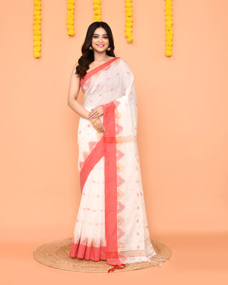 Piyari Fashion Women's White Cotton Blend Handloom Saree With Red Temple Border