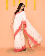 Thumbnail for Piyari Fashion Women's White Cotton Blend Handloom Saree With Red Temple Border