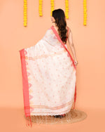 Thumbnail for Piyari Fashion Women's White Cotton Blend Handloom Saree With Red Temple Border