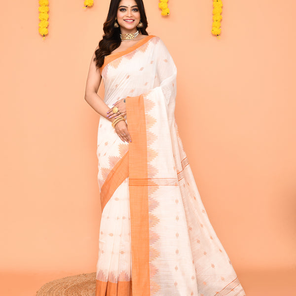Piyari Fashion Women's White Cotton Blend Handloom Saree With Brown Temple Border - Distacart