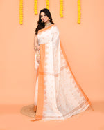 Thumbnail for Piyari Fashion Women's White Cotton Blend Handloom Saree With Brown Temple Border
