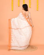 Thumbnail for Piyari Fashion Women's White Cotton Blend Handloom Saree With Brown Temple Border