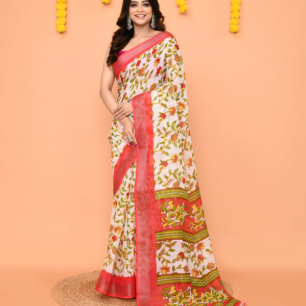 Piyari Fashion Women's Off White Printed Cotton Saree With Zari Border - Distacart