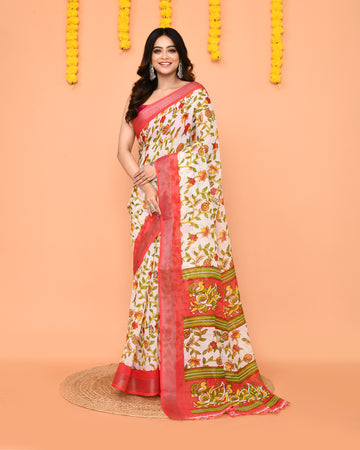 Piyari Fashion Women's Off White Printed Cotton Saree With Zari Border - Distacart