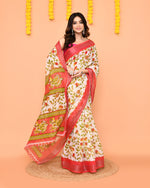 Thumbnail for Piyari Fashion Women's Off White Printed Cotton Saree With Zari Border