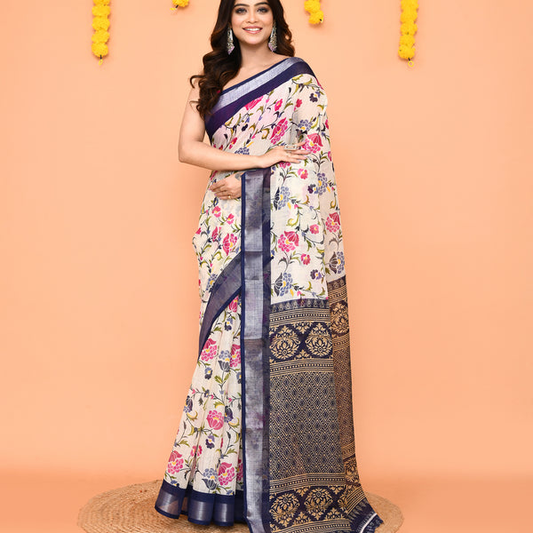 Piyari Fashion Women's Off White Printed Cotton Saree With Zari Border - Distacart