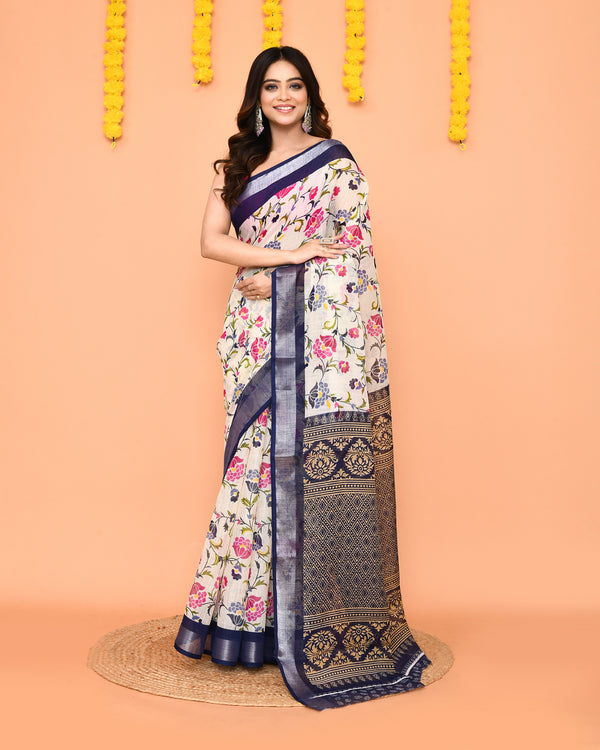 Piyari Fashion Women's Off White Printed Cotton Saree With Zari Border