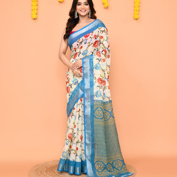 Piyari Fashion Women's Off White Printed Cotton Saree With Zari Border - Distacart