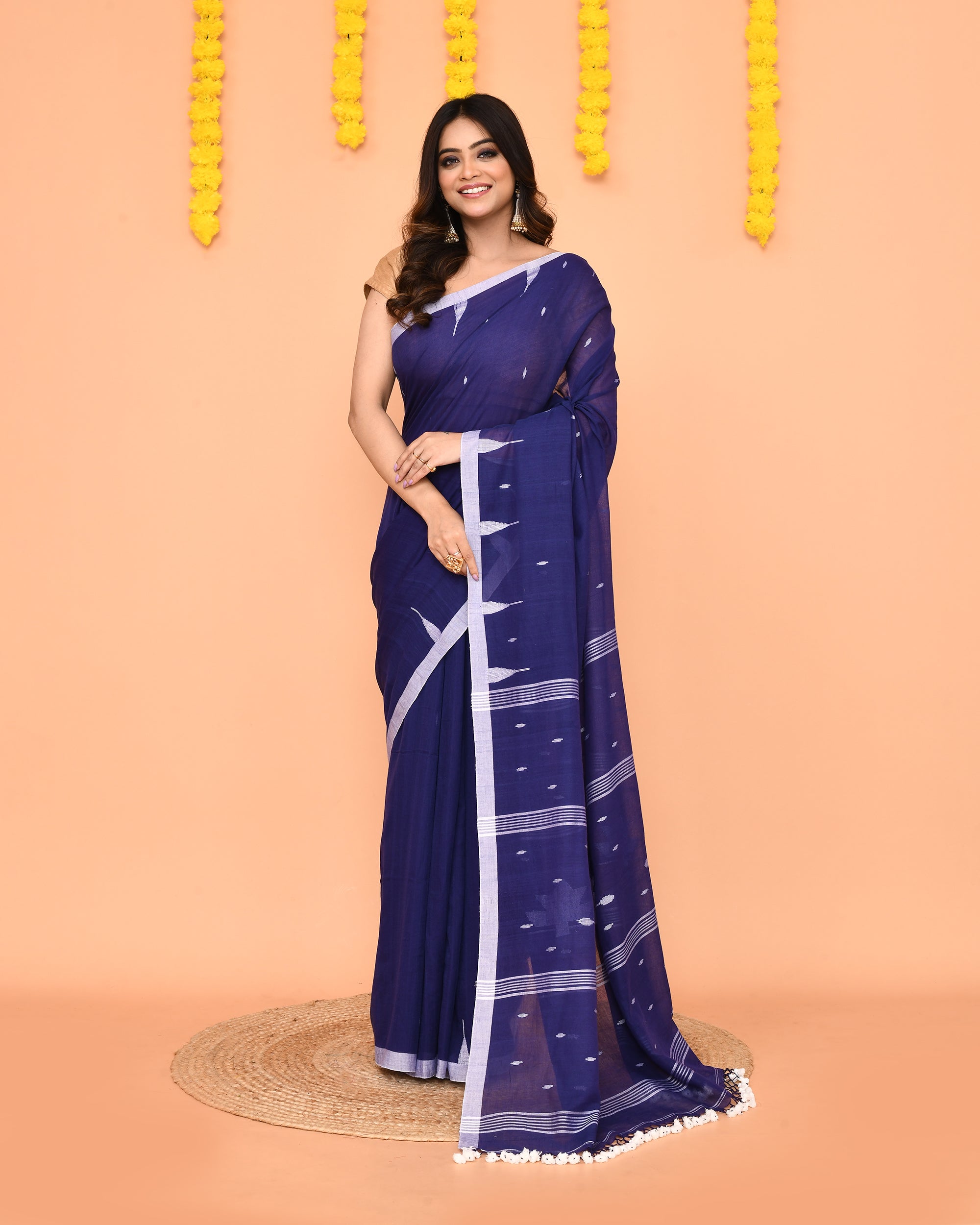Piyari Fashion Soft Mul Cotton Blue Jamdani Saree With Net Tassels