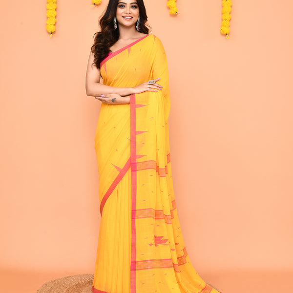 Piyari Fashion Soft Mul Cotton Yellow Jamdani Saree With Net Tassels - Distacart