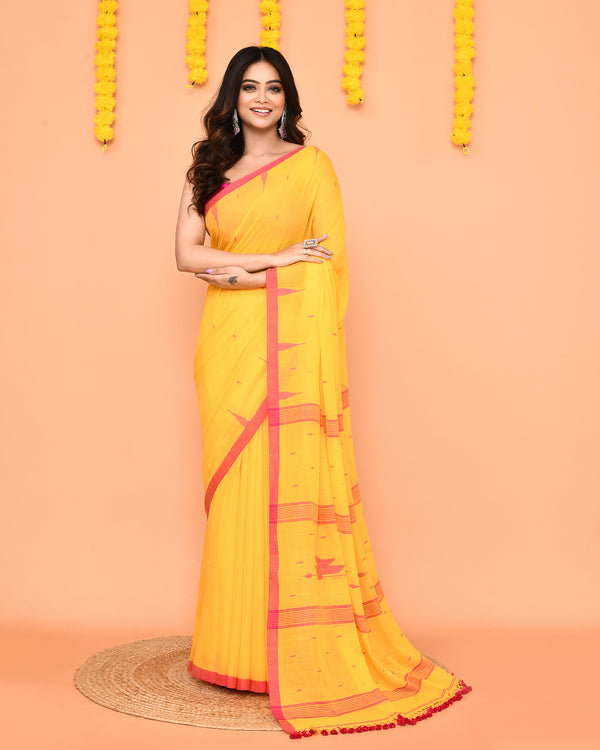 Piyari Fashion Soft Mul Cotton Yellow Jamdani Saree With Net Tassels