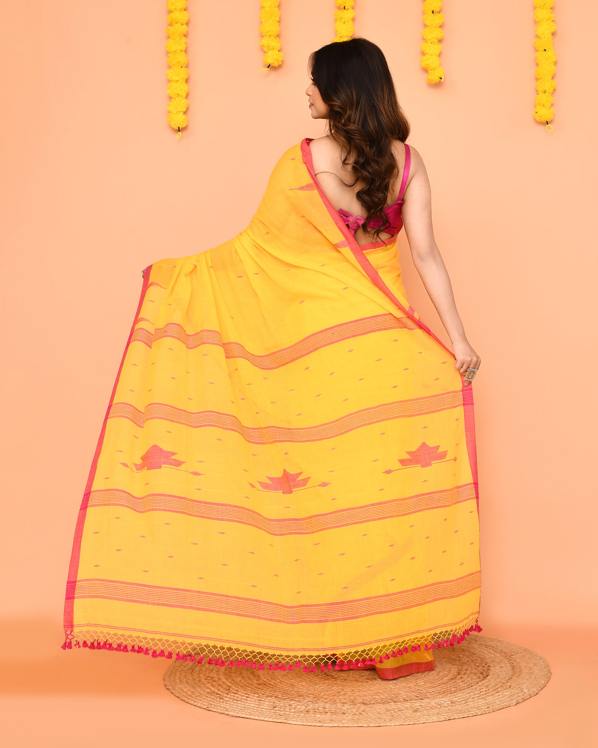 Piyari Fashion Soft Mul Cotton Yellow Jamdani Saree With Net Tassels