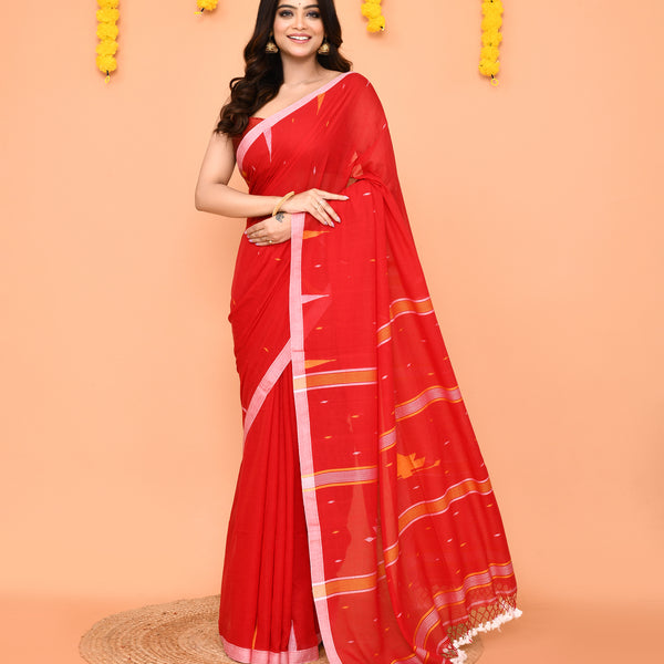 Piyari Fashion Soft Mul Cotton Red Jamdani Saree With Net Tassels - Distacart