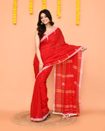 Thumbnail for Piyari Fashion Soft Mul Cotton Red Jamdani Saree With Net Tassels