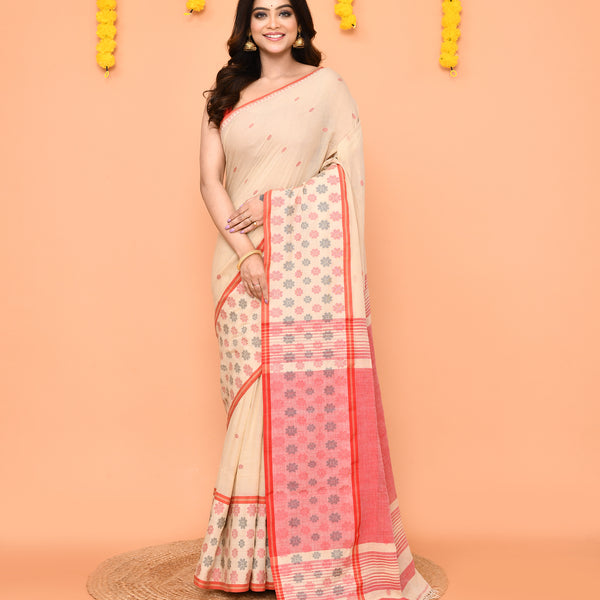Piyari Fashion Women's Beige Cotton Handloom Saree With Tassels - Distacart