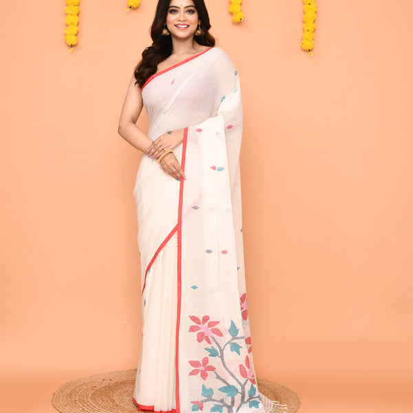 Piyari Fashion Women's White Cotton Jamdani Saree