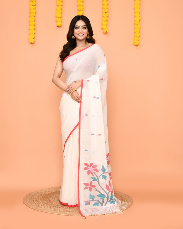 Piyari Fashion Women's White Cotton Jamdani Saree