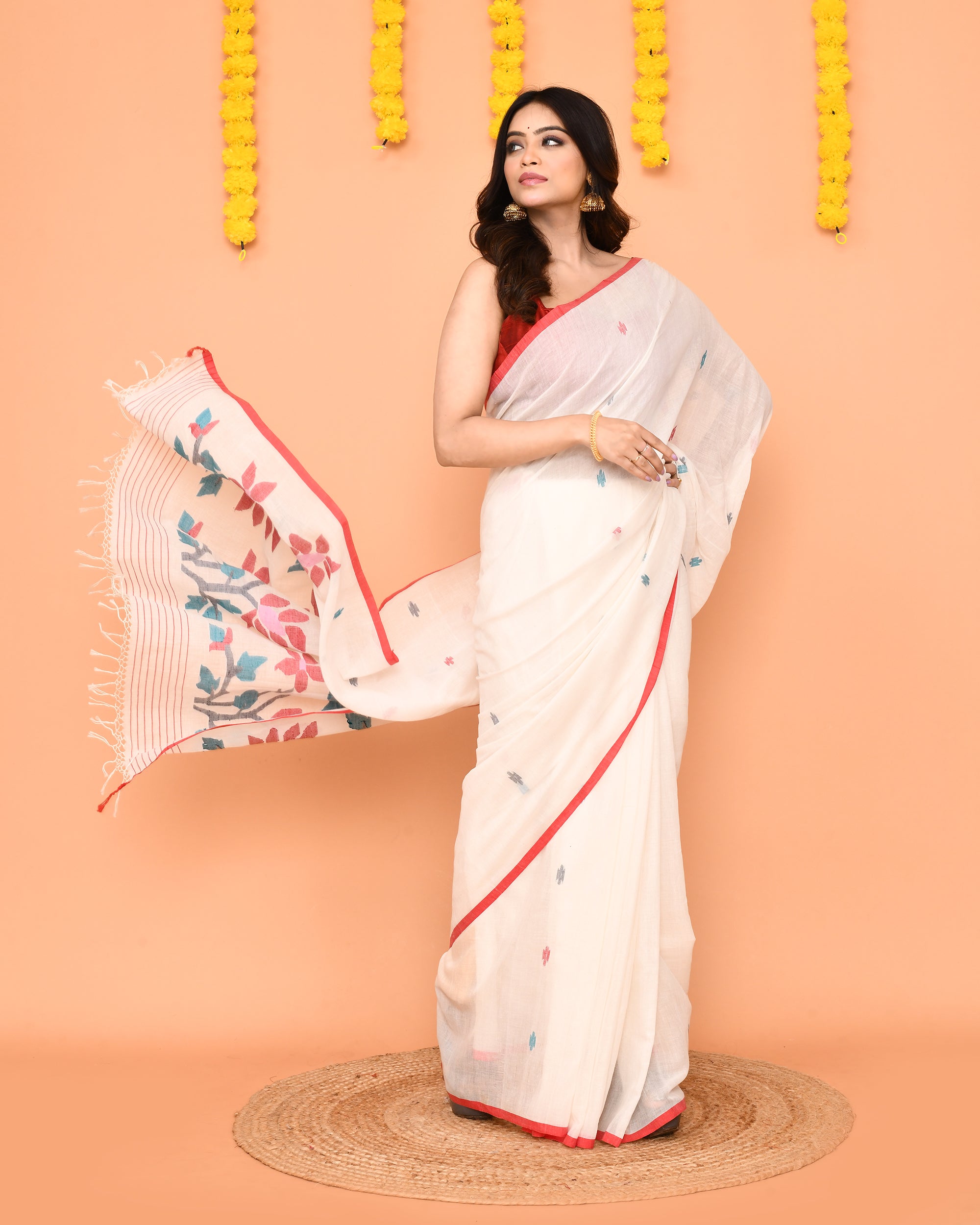 Piyari Fashion Women's White Cotton Jamdani Saree