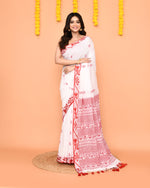 Thumbnail for Piyari Fashion Women's White Cotton Handloom Saree With Tassels