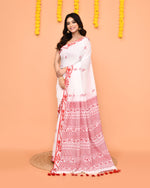 Thumbnail for Piyari Fashion Women's White Cotton Handloom Saree With Tassels