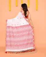 Thumbnail for Piyari Fashion Women's White Cotton Handloom Saree With Tassels