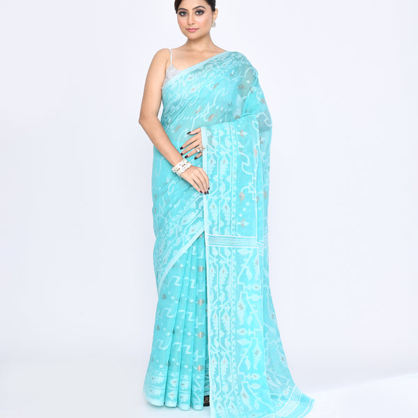 Piyari Fashion Women's Aqua Embellished Cotton Blend Jamdani Saree - Distacart
