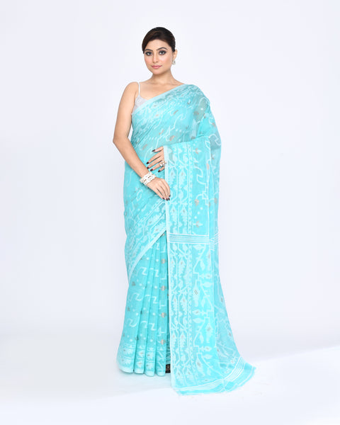 Piyari Fashion Women's Aqua Embellished Cotton Blend Jamdani Saree