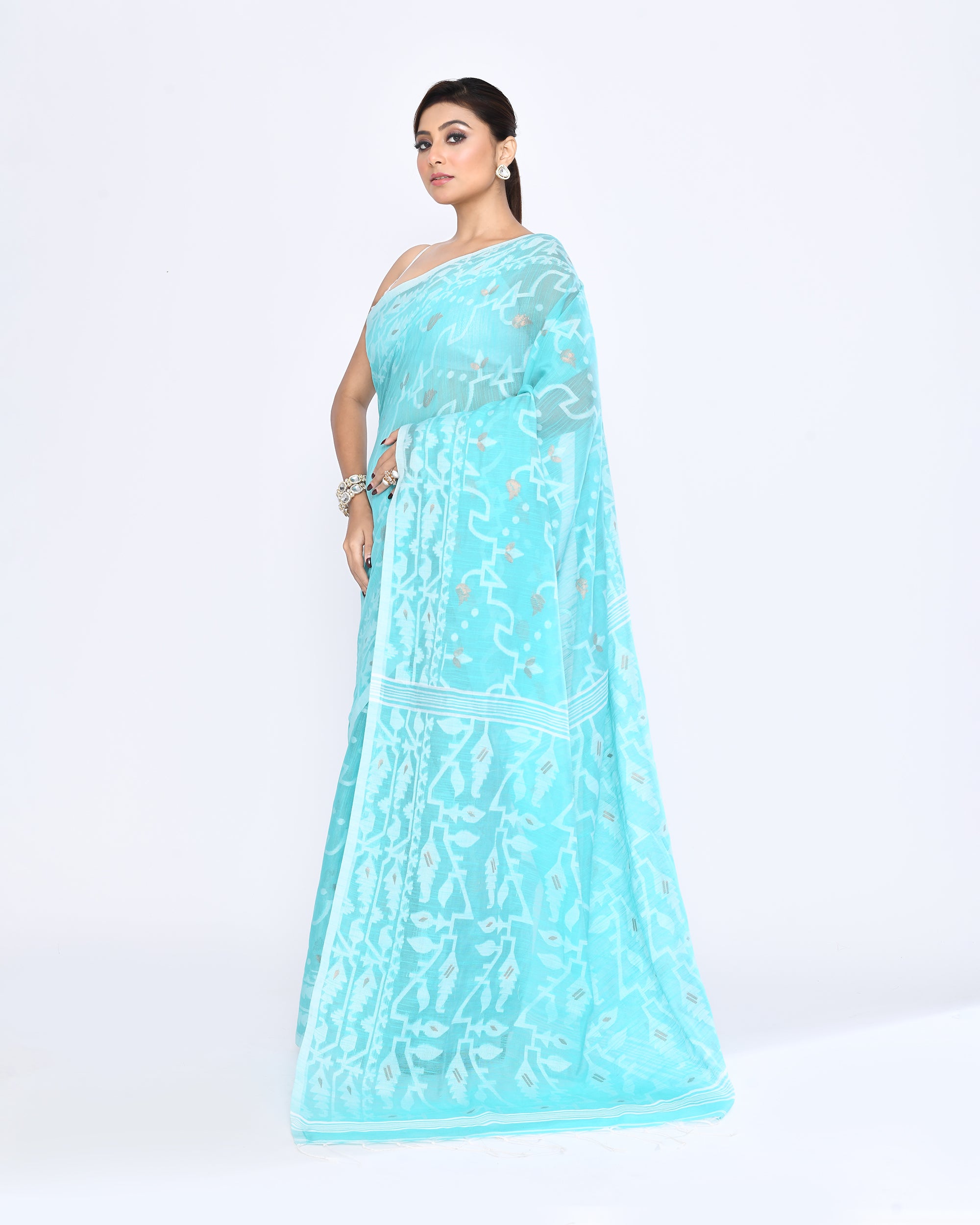 Piyari Fashion Women's Aqua Embellished Cotton Blend Jamdani Saree