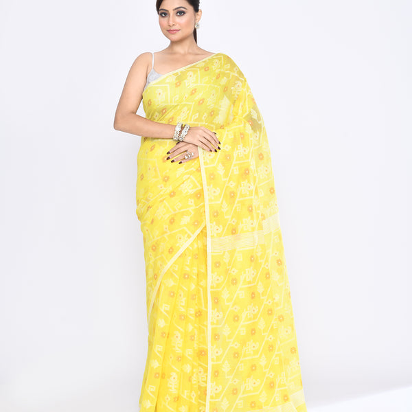 Piyari Fashion Women's Yellow Embellished Cotton Blend Jamdani Saree - Distacart