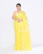 Thumbnail for Piyari Fashion Women's Yellow Embellished Cotton Blend Jamdani Saree