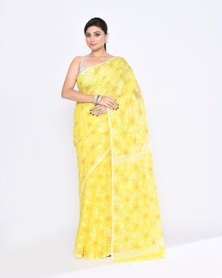 Piyari Fashion Women's Yellow Embellished Cotton Blend Jamdani Saree