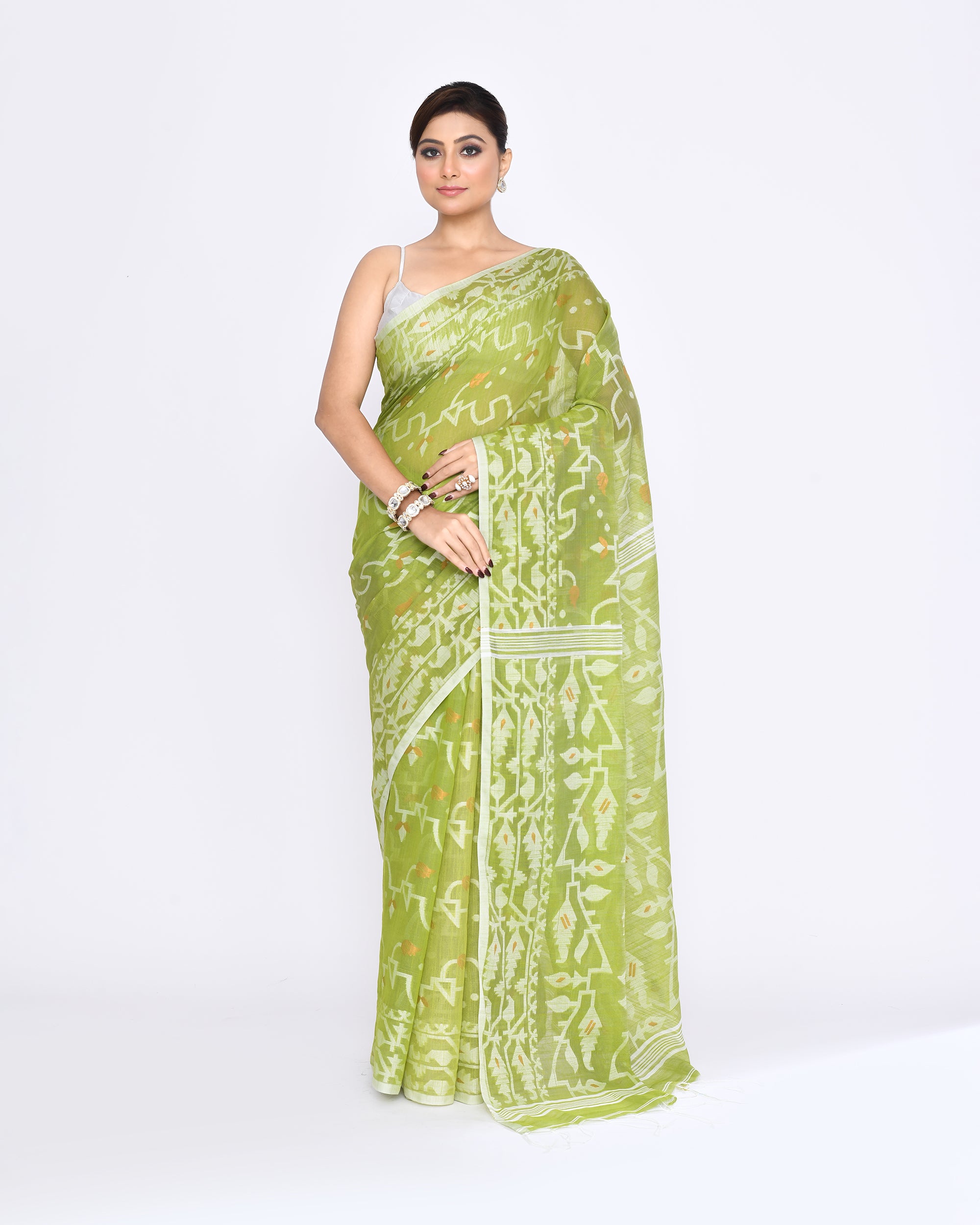 Piyari Fashion Women's Moss Green Embellished Cotton Blend Jamdani Saree