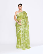 Thumbnail for Piyari Fashion Women's Moss Green Embellished Cotton Blend Jamdani Saree