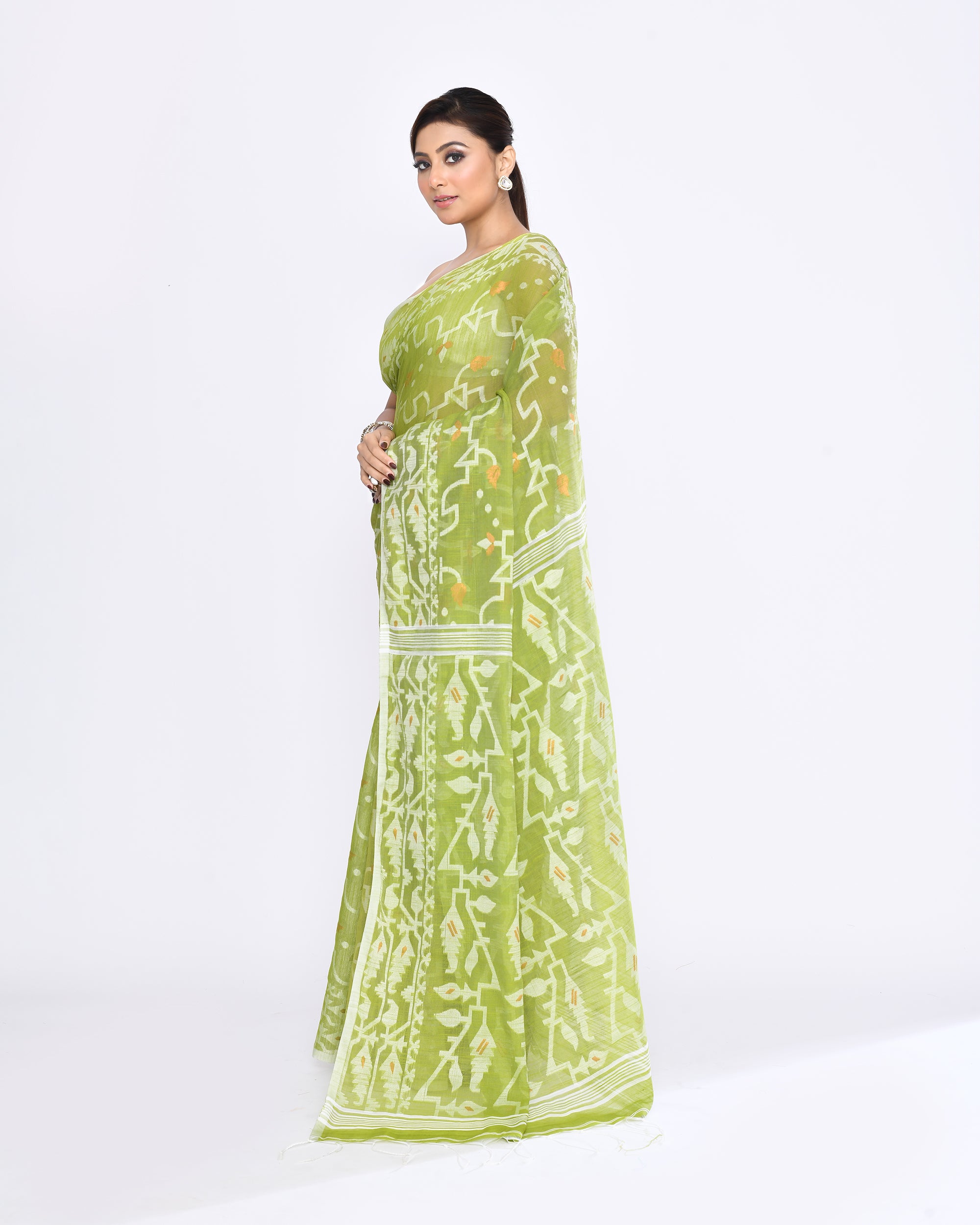 Piyari Fashion Women's Moss Green Embellished Cotton Blend Jamdani Saree