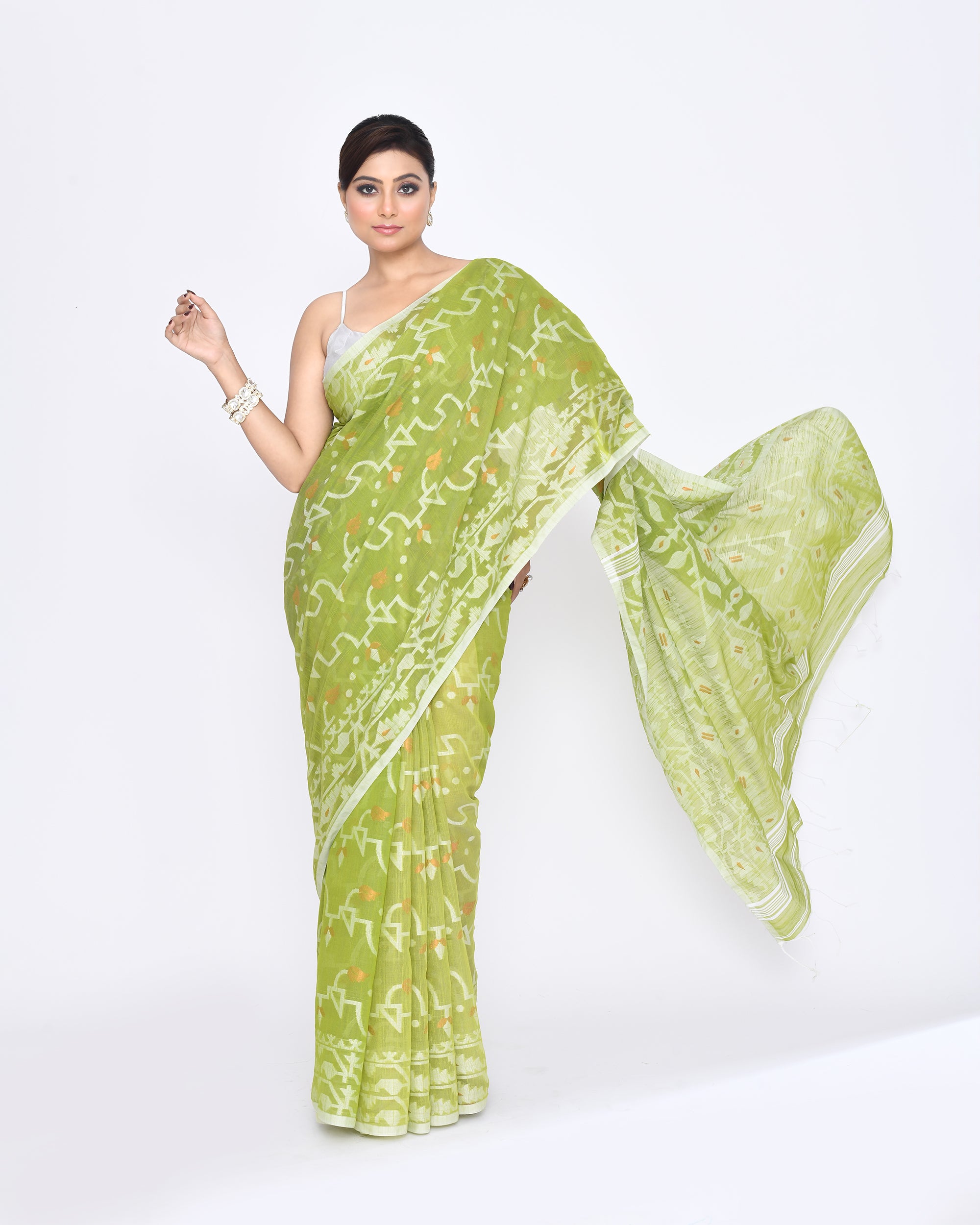 Piyari Fashion Women's Moss Green Embellished Cotton Blend Jamdani Saree