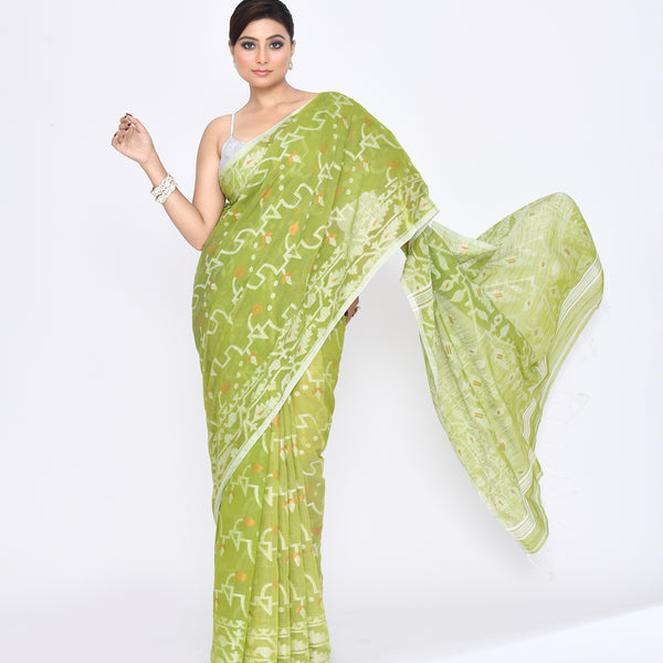 Piyari Fashion Women's Moss Green Embellished Cotton Blend Jamdani Saree - Distacart