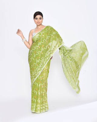 Piyari Fashion Women's Moss Green Embellished Cotton Blend Jamdani Saree