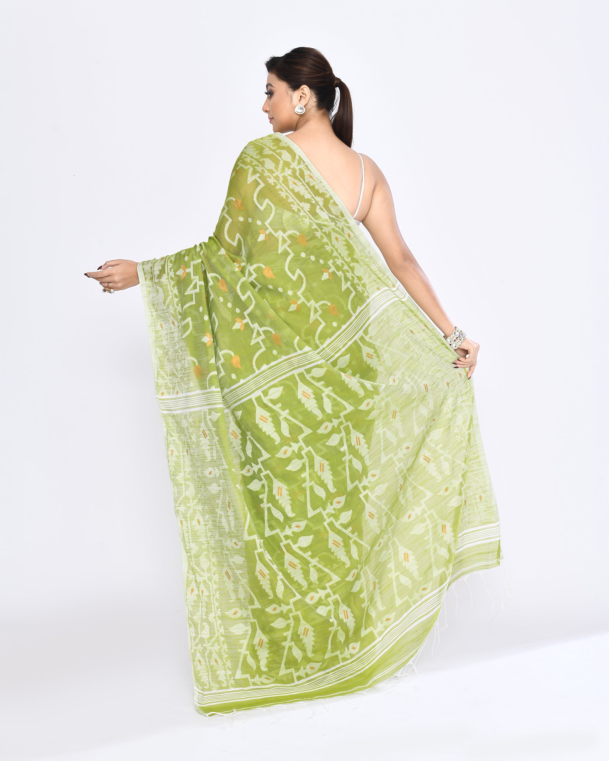 Piyari Fashion Women's Moss Green Embellished Cotton Blend Jamdani Saree