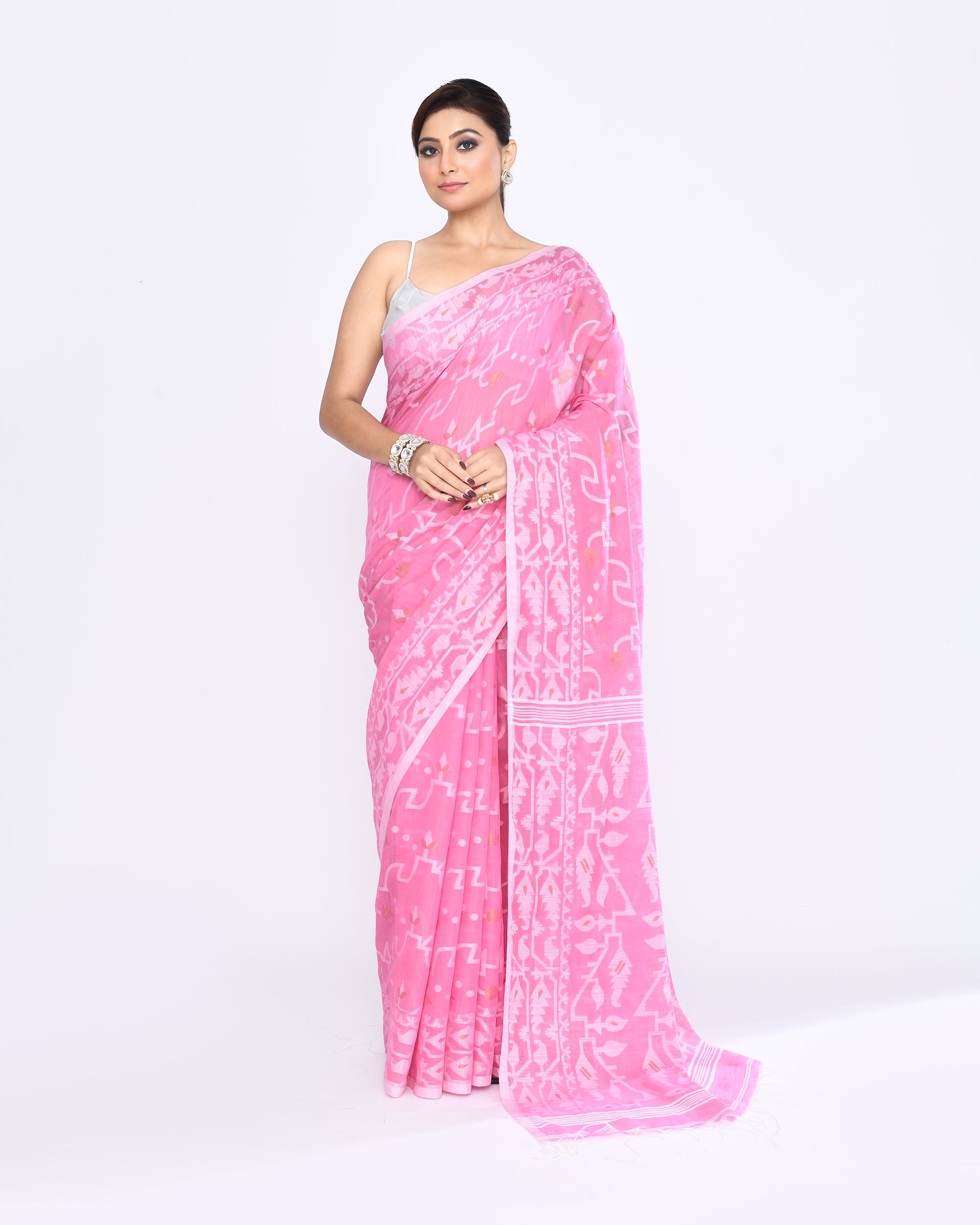 Piyari Fashion Women's Pink Embellished Cotton Blend Jamdani Saree