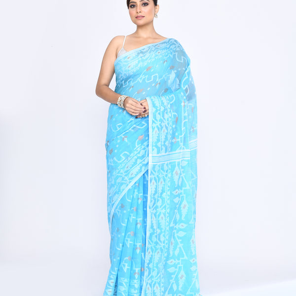 Piyari Fashion Women's Turquoise Embellished Cotton Blend Jamdani Saree - Distacart