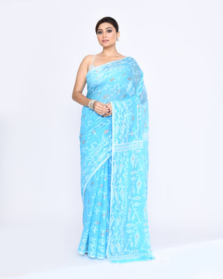Piyari Fashion Women's Turquoise Embellished Cotton Blend Jamdani Saree