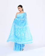 Thumbnail for Piyari Fashion Women's Turquoise Embellished Cotton Blend Jamdani Saree