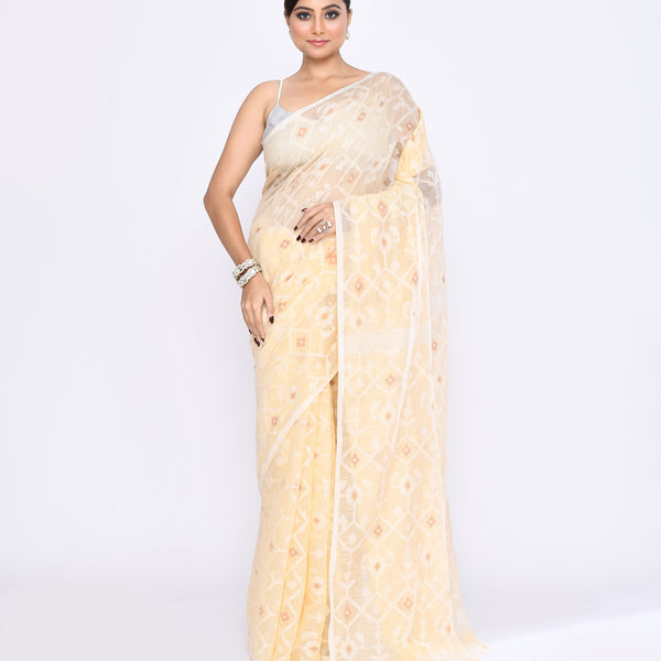 Piyari Fashion Women's Cream Embellished Cotton Blend Jamdani Saree - Distacart