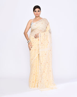 Piyari Fashion Women's Cream Embellished Cotton Blend Jamdani Saree